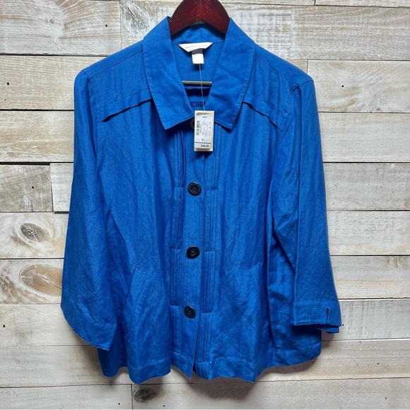 Christopher & Banks Linen Blend Jacket Womens XL Blue Button Up Pockets New - Picture 1 of 11